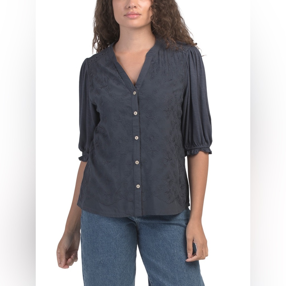 Democracy Navy Blue Embroidered Lantern Sleeve Button Down Top | Size M | NWT